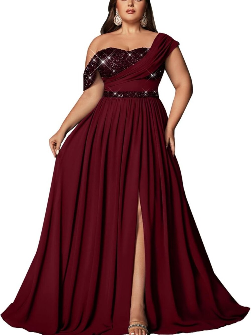 Women's Burgundy Plus Size Sequin Bridesmaid A LINE Cocktail Prom Maxi Dress
